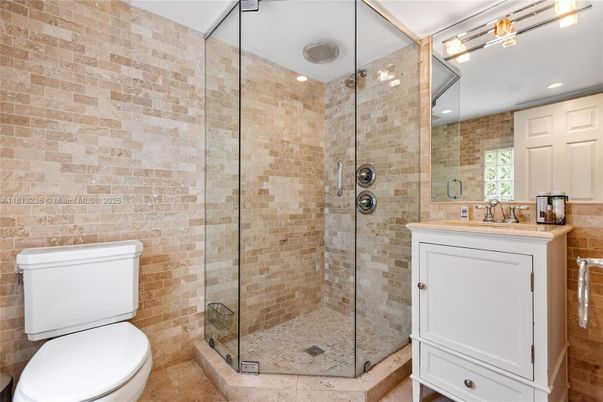 Bathroom, Glass Shower, Interior, Recessed Lighting, Stone Walls