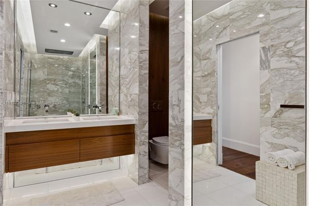 Bathroom, Interior, Marble, Marble Walls, Recessed Lighting, Wood Texture Flooring