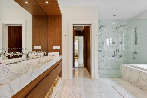 Bathroom, Glass Shower, Interior, Marble, Marble Walls, Recessed Lighting