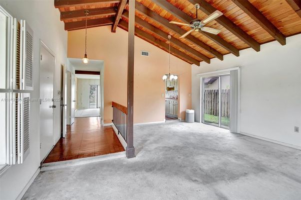 Empty room, Interior, Pendant Lights, Wooden Beams, Wooden Ceilings, Wood Texture Flooring