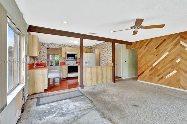 Interior, Kitchen, Recessed Lighting, Wood Texture Flooring, Wooden Walls