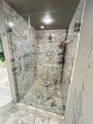 Bathroom, Glass Shower, Interior, Marble, Marble Walls, Recessed Lighting