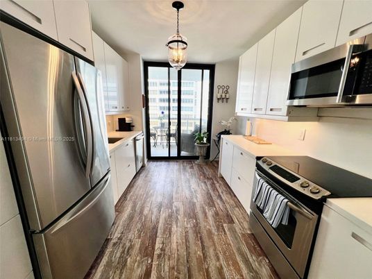 Interior, Kitchen, Pendant Lights, Stainless Steel Appliances, Wood Texture Flooring