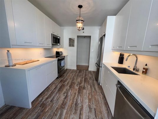 Interior, Kitchen, Pendant Lights, Stainless Steel Appliances, Wood Texture Flooring