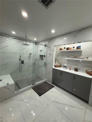 Bathroom, Glass Shower, Interior, Marble, Marble Walls, Recessed Lighting