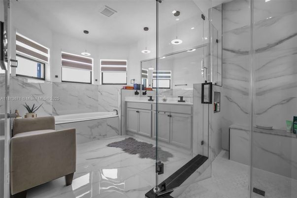 Bathroom, Glass Shower, Interior, Marble, Marble Walls, Pendant Lights