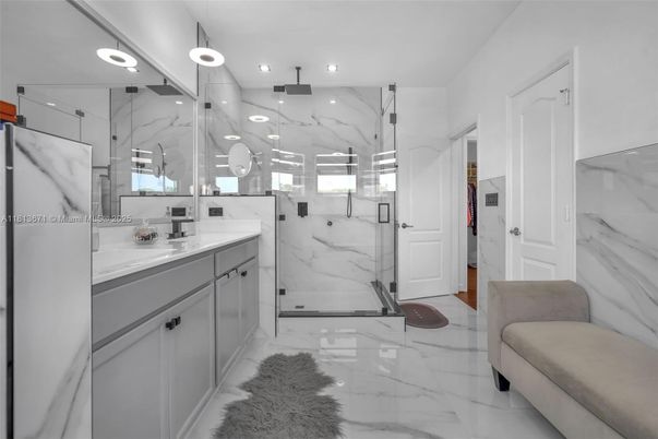 Bathroom, Glass Shower, Interior, Marble, Marble Walls, Recessed Lighting