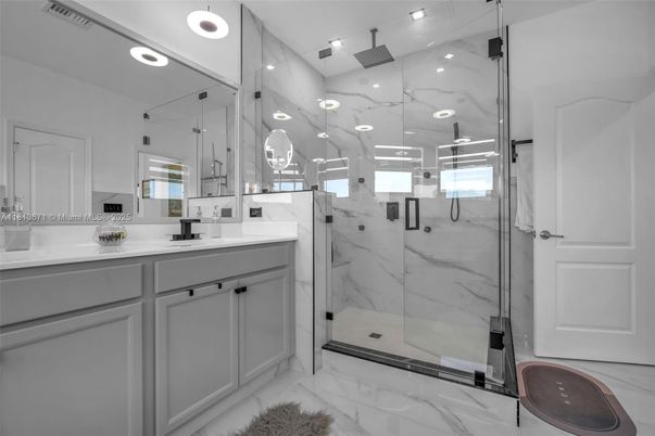 Bathroom, Glass Shower, Interior, Marble, Marble Walls, Recessed Lighting