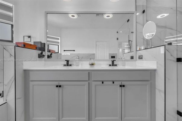 Bathroom, Dual Sink Vanities, Glass Shower, Interior, Recessed Lighting