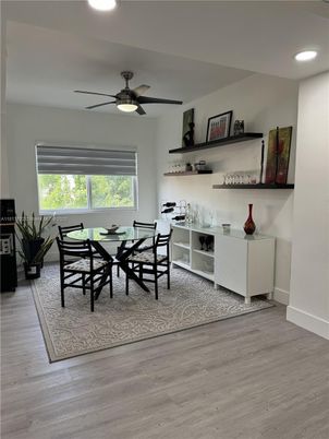 Dining room, Interior, Recessed Lighting, Wood Texture Flooring