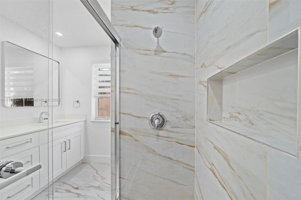 Bathroom, Glass Shower, Interior, Marble, Marble Walls, Recessed Lighting