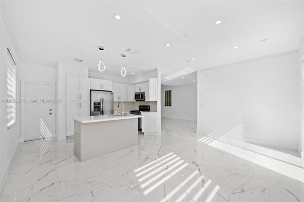 Interior, Kitchen, Marble, Pendant Lights, Recessed Lighting, Stainless Steel Appliances