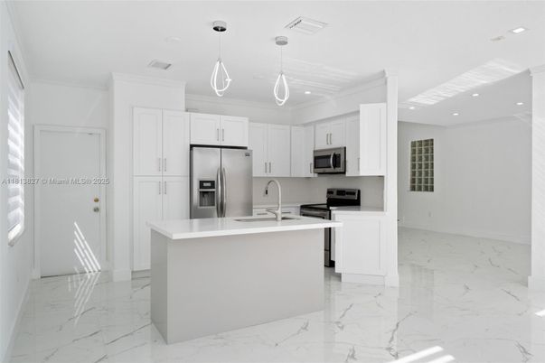 Interior, Kitchen, Marble, Pendant Lights, Recessed Lighting, Stainless Steel Appliances