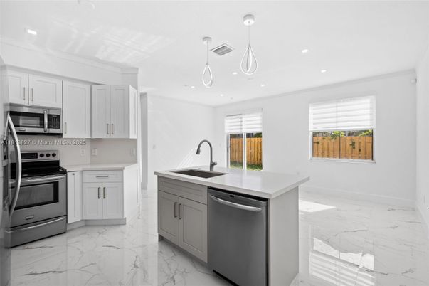 Interior, Kitchen, Marble, Pendant Lights, Recessed Lighting, Stainless Steel Appliances