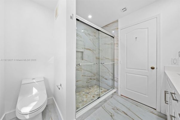 Bathroom, Glass Shower, Interior, Marble, Marble Walls, Recessed Lighting