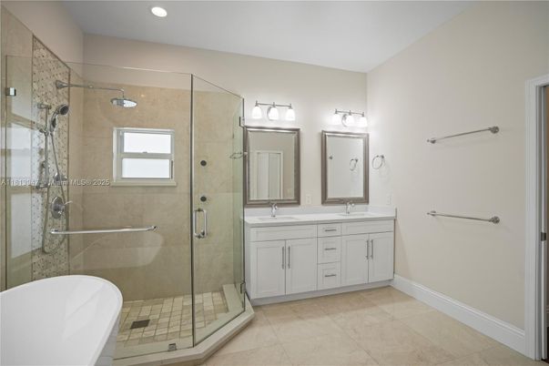 Bathroom, Dual Sink Vanities, Glass Shower, Interior, Recessed Lighting