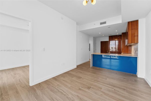 Empty room, Interior, Kitchen, Recessed Lighting, Wood Texture Flooring