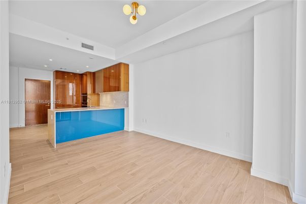 Empty room, Interior, Kitchen, Recessed Lighting, Wood Texture Flooring