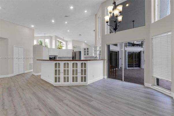 Chandelier, Interior, Kitchen, Recessed Lighting, Wood Texture Flooring