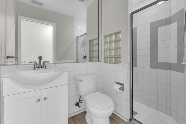Bathroom, Glass Shower, Interior, Wood Texture Flooring
