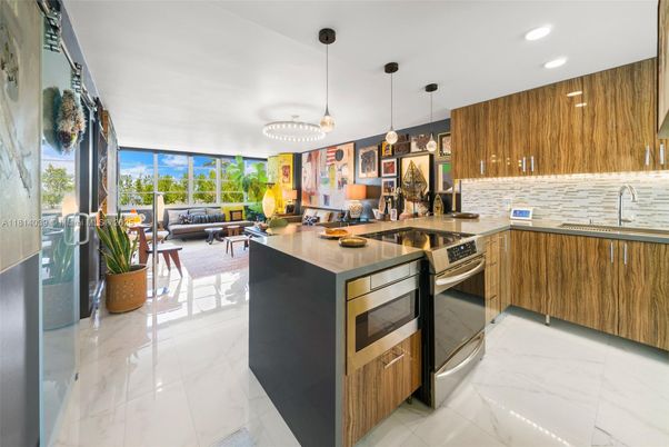 Interior, Kitchen, Marble, Pendant Lights, Recessed Lighting, Stainless Steel Appliances