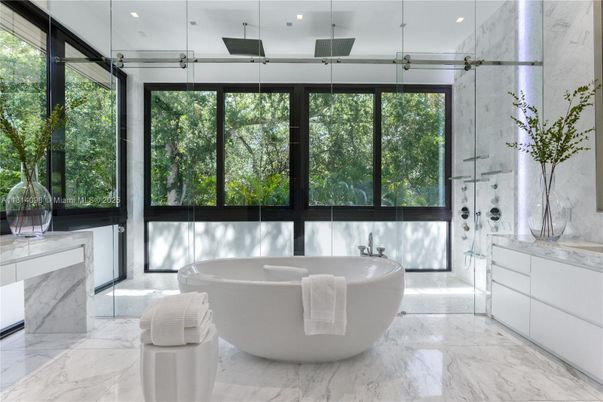 Bathroom, Free Standing Baths, Glass Shower, Interior, Marble, Marble Walls, Recessed Lighting