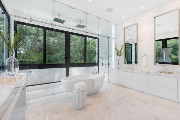 Bathroom, Free Standing Baths, Glass Shower, Interior, Marble, Recessed Lighting