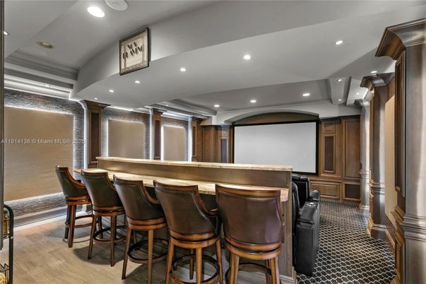 Interior, Projection Screen, Recessed Lighting, Theatre Room, Wood Texture Flooring