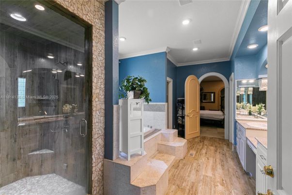 Bathroom, Glass Shower, Interior, Recessed Lighting, Wood Texture Flooring
