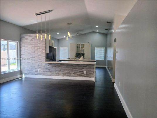 Empty room, Interior, Pendant Lights, Recessed Lighting, Stone Walls, Wood Texture Flooring