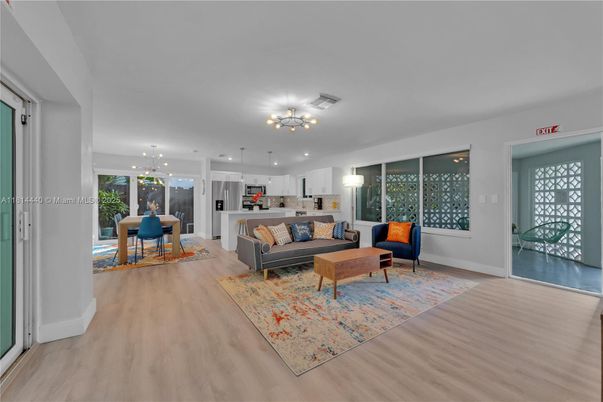 Dining room, Interior, Kitchen, Living room, Pendant Lights, Wood Texture Flooring