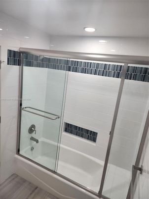 Bathroom, Glass Shower, Interior, Recessed Lighting, Wood Texture Flooring