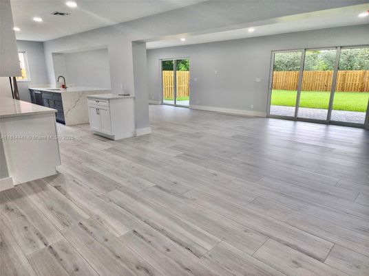 Empty room, Interior, Kitchen, Recessed Lighting, Wood Texture Flooring