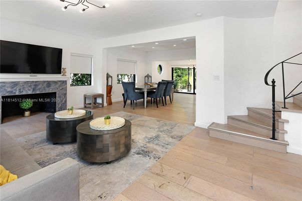 Dining room, Fireplace, Interior, Living room, Recessed Lighting, Wood Texture Flooring