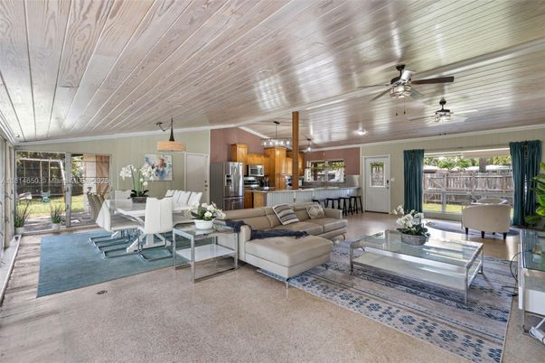 Dining room, Interior, Kitchen, Living room, Pendant Lights, Stainless Steel Appliances, Wooden Ceilings