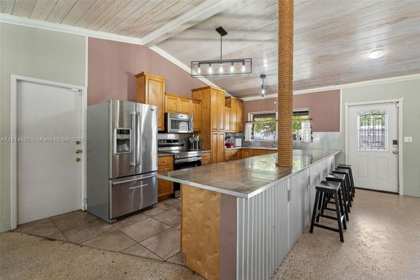 Interior, Kitchen, Pendant Lights, Stainless Steel Appliances, Wooden Ceilings