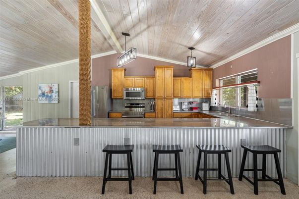 Interior, Kitchen, Pendant Lights, Stainless Steel Appliances, Wooden Ceilings