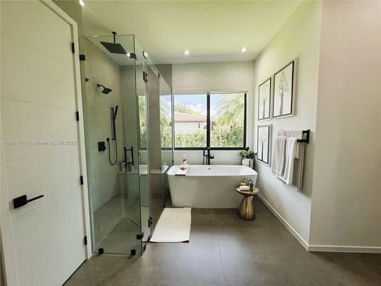 Bathroom, Free Standing Baths, Glass Shower, Interior, Recessed Lighting