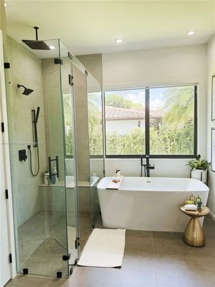 Bathroom, Free Standing Baths, Glass Shower, Interior, Recessed Lighting