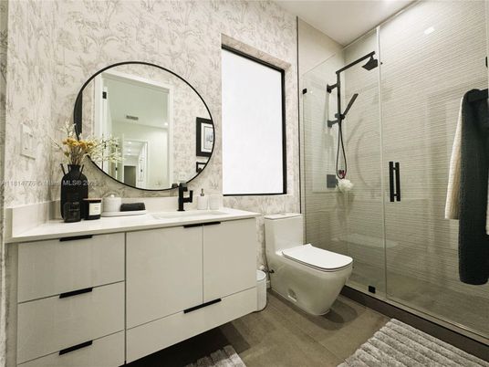Bathroom, Glass Shower, Interior, Recessed Lighting, Wood Texture Flooring