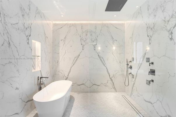Bathroom, Free Standing Baths, Glass Shower, Interior, Marble, Marble Walls, Recessed Lighting