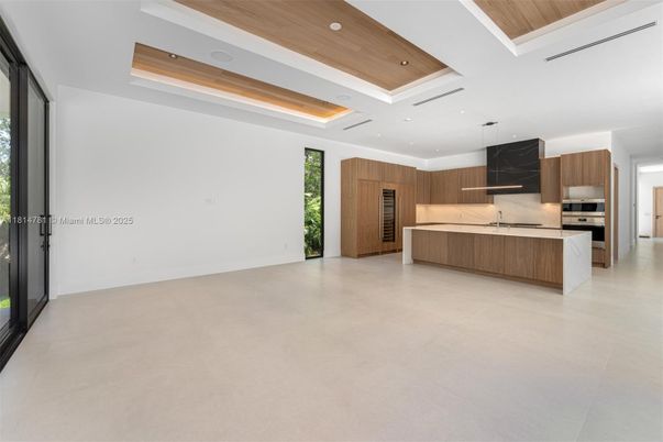 Interior, Kitchen, Marble Walls, Pendant Lights, Recessed Lighting, Stainless Steel Appliances, Wooden Ceilings