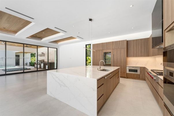 Interior, Kitchen, Pendant Lights, Recessed Lighting, Stainless Steel Appliances, Wooden Ceilings