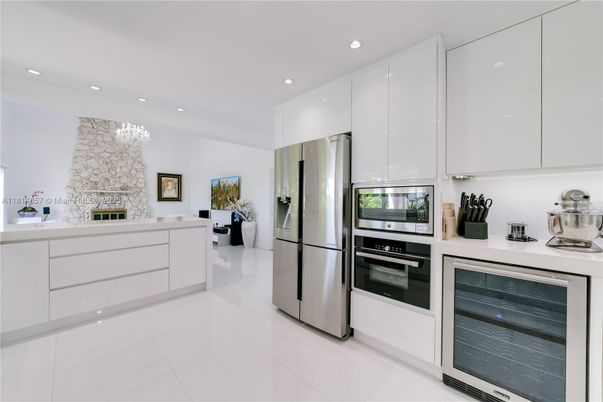 Fireplace, Interior, Kitchen, Recessed Lighting, Stainless Steel Appliances