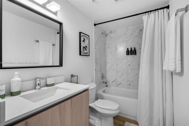 Bathroom, Interior, Marble Walls, Wood Texture Flooring