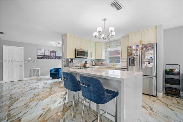 Chandelier, Interior, Kitchen, Marble, Stainless Steel Appliances