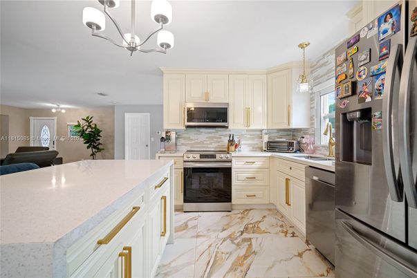 Interior, Kitchen, Marble, Pendant Lights, Stainless Steel Appliances