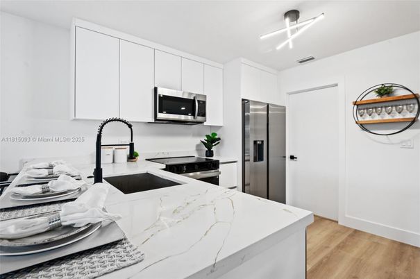 Interior, Kitchen, Stainless Steel Appliances, Wood Texture Flooring
