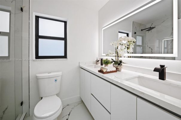 Bathroom, Dual Sink Vanities, Glass Shower, Interior, Marble, Marble Walls