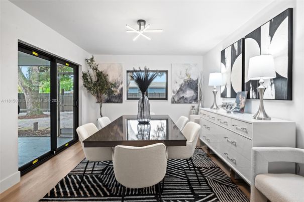 Dining room, Interior, Pendant Lights, Wood Texture Flooring